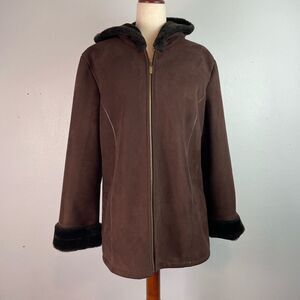 Marvin Richards Brown Jacket with Faux Fur Lining and Trim Size L EUC